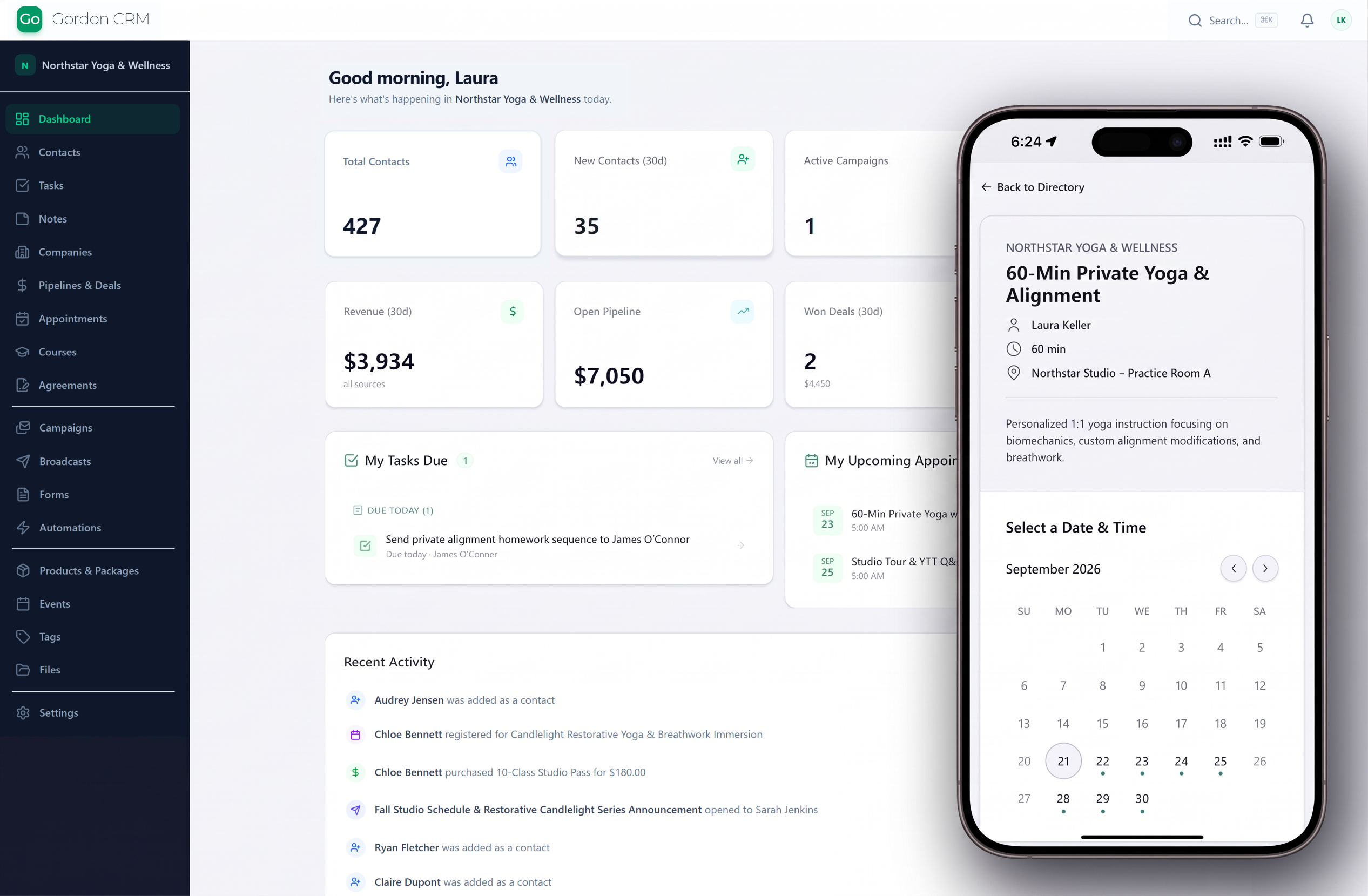 Gordon CRM Platform Dashboard and Mobile Client Booking Experience